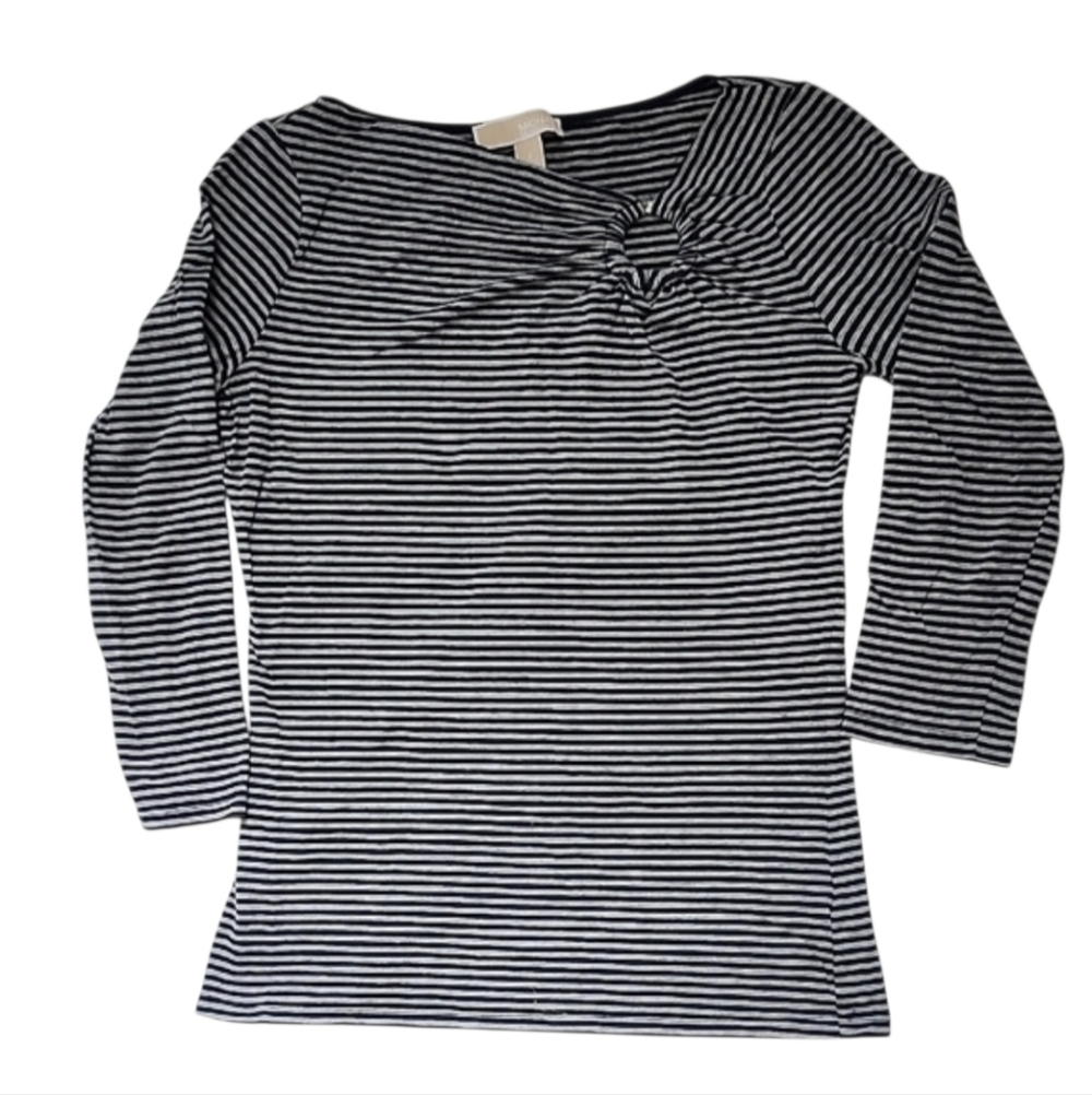 Michael Kors Stretch Cotton Knit Top Logo Ring Detail Navy Grey S